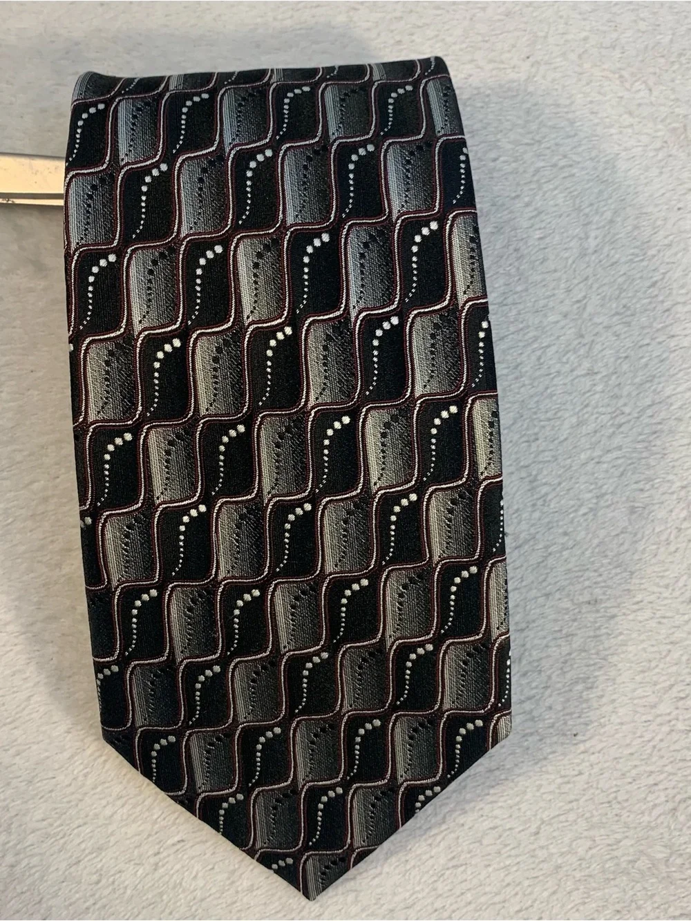 Pierre Cardin Black Geometric Pattern Tie with Gray and Burgundy 100% Silk